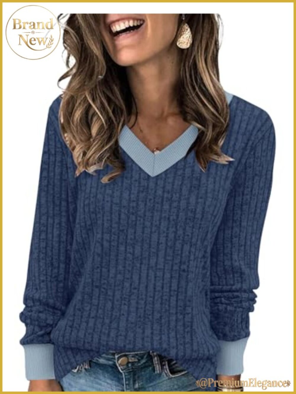 V Neck Long Sleeve Tunic Top Color Block Soft Lightweight Fall Winter Shirt